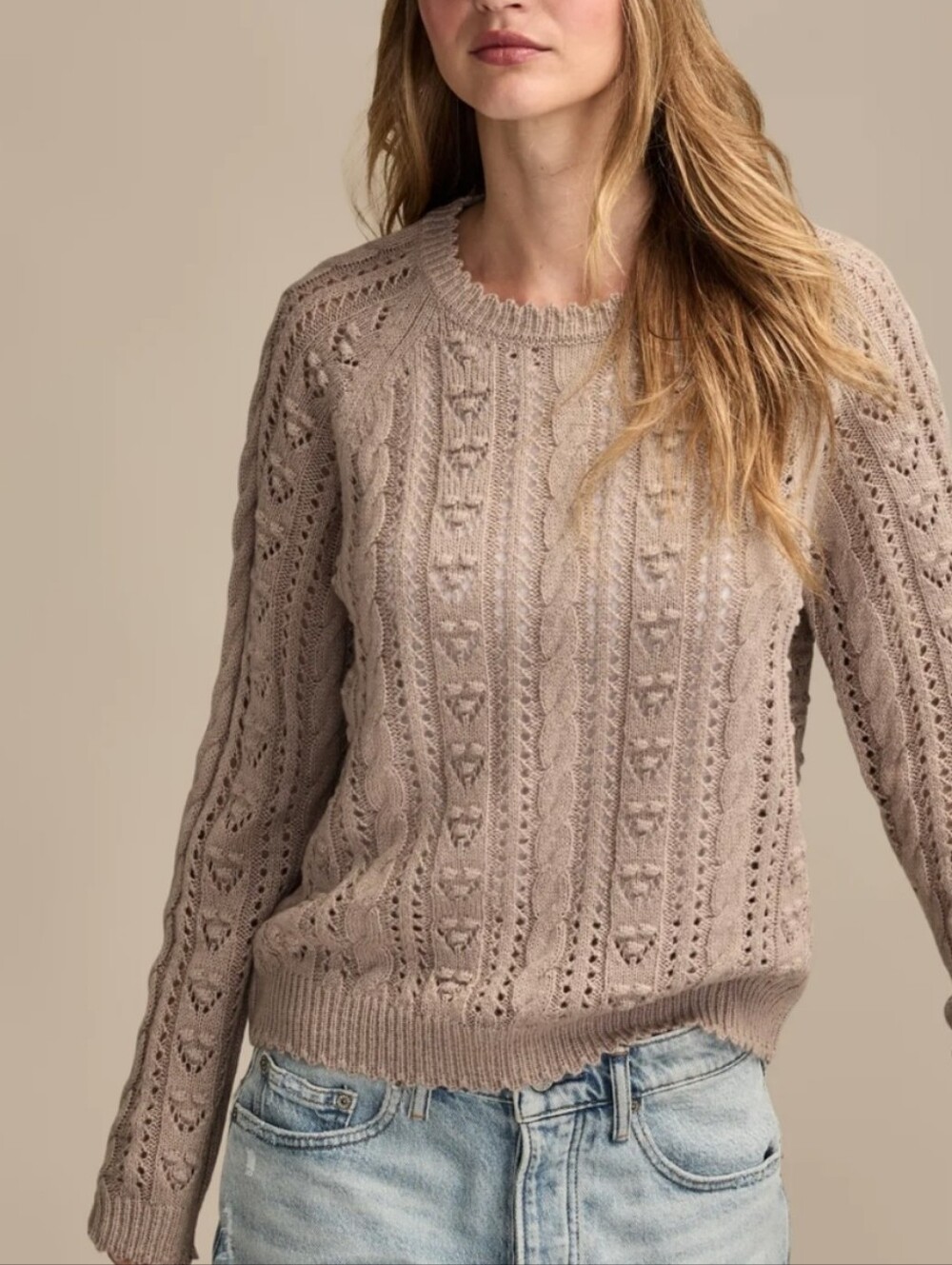 NWT Lucky Brand Pointelle Crew Taupe Knit Sweater Boho, Sz XL